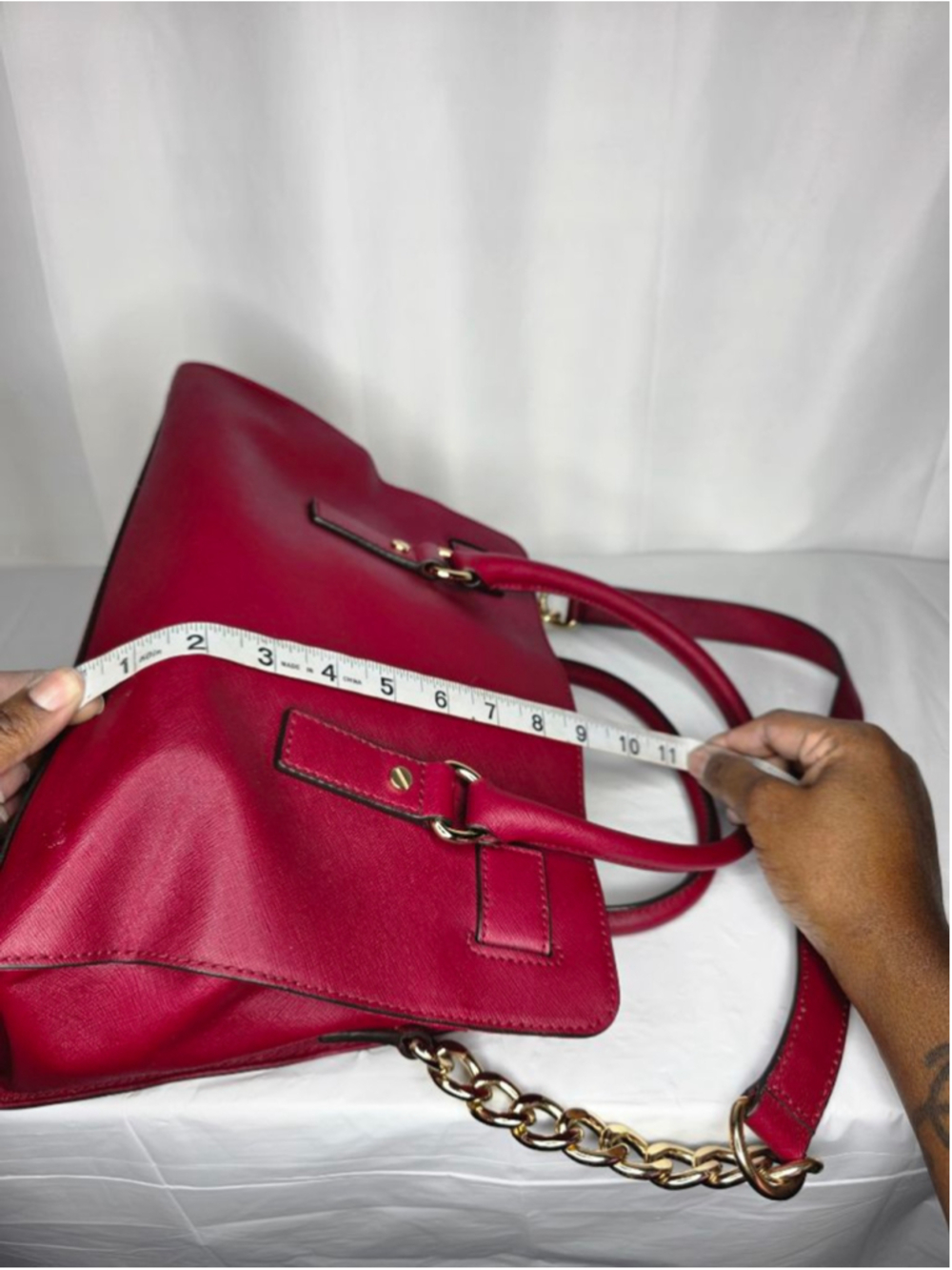 Michael Kors Red Saffiano Leather Satchel Crossbody Bag Gold Lock Charm - Picture 10 of 13